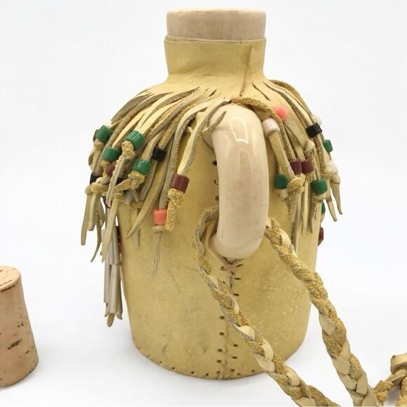 Hobbyist Suede Leather Wrapped Ceramic Jug with Beaded Fringe Braided Strap - Picture 11 of 16